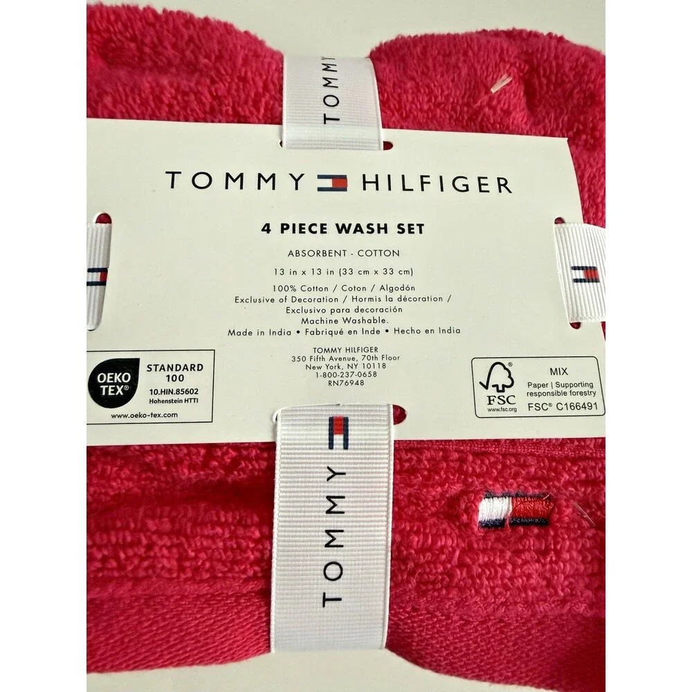 Tommy Hilfiger Logo Hot Pink 100% Cotton 4 Piece Washcloths Facecloths 13X13
